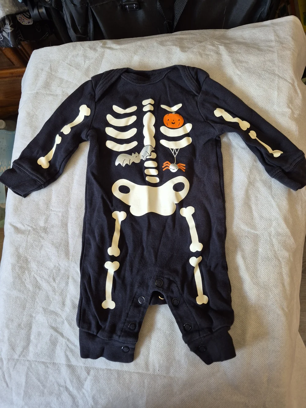 Baby Black Skeleton One-Piece with Pumpkin & Spider Graphic